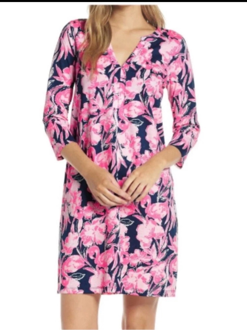 Lilly Pulitzer Navy and Pink Floral Midi Dress